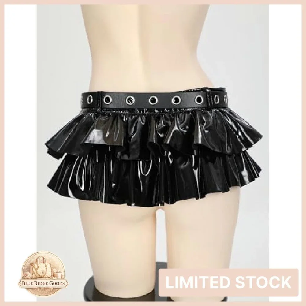 Gothic Punk Mini Skirt Shiny Leather Pleated Edge Y2K Club Wear